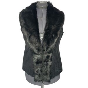 White House Black Market Black Faux Fur & Leather Vest Medium M Jacket Top WHBM